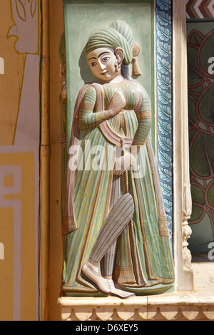 Wall art relief detail in Amber Fort, Amer 11km near of Jaipur, Rajasthan, India Stock Photo