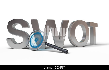 SWOT word with a magnifying glass at the front with a focus inside, image is over a white background Stock Photo