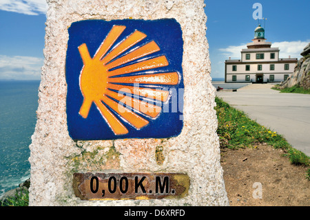 Spain, Galicia: Milestone of the Saint James Way at the end at Cape Fisterra Stock Photo