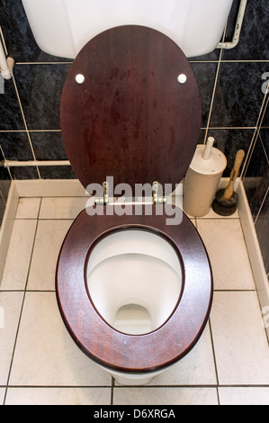 Toilet pan bowl cistern and wooden seat with lid Stock Photo