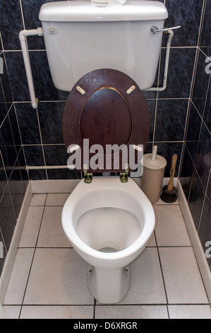 Toilet pan bowl cistern and wooden seat with lid Stock Photo