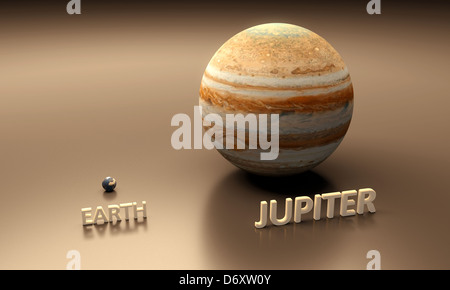 A rendered size-comparison sheet between the Planets Earth and Jupiter with captions Stock Photo