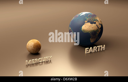 A rendered size-comparison sheet between the Planets Earth and Mercury with captions. Stock Photo