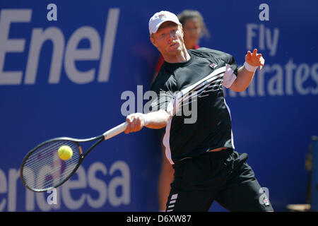 Barcelona, Spain. 24th April, 2013.  DIMTRY TURSNOV (UZB) playing against DAVID FERRER (ESP) in Barcelona Open Tennis Tournament 24th April 2013 which he won against the number one seed 7-5 3-6 6-1 (Credit Image: Credit:  Howard Sayer/ZUMAPRESS.com/Alamy Live News) Stock Photo