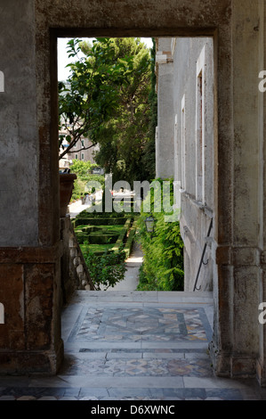 Villa D Este. Tivoli. Italy. Part view through a doorway of the gardens first terrace or Vialone. The terrace extends over 200 m Stock Photo