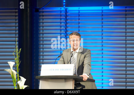 Berlin, 24 April, 2013. Gabor Steingart, a managing director of the newspaper 'Handelsblatt', holds the seventh 'Speech on Freedom at the Brandenburg Gate'. His topic: 'Our market economy and its enemies.' Wolfgang Gerhardt (FDP) gives the opening speech. Stock Photo