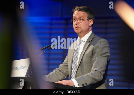 Berlin, 24 April, 2013. Gabor Steingart, a managing director of the newspaper 'Handelsblatt', holds the seventh 'Speech on Freedom at the Brandenburg Gate'. His topic: 'Our market economy and its enemies.' Wolfgang Gerhardt (FDP) gives the opening speech. Stock Photo