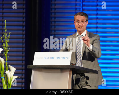 Berlin, 24 April, 2013. Gabor Steingart, a managing director of the newspaper 'Handelsblatt', holds the seventh 'Speech on Freedom at the Brandenburg Gate'. His topic: 'Our market economy and its enemies.' Wolfgang Gerhardt (FDP) gives the opening speech. Stock Photo