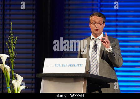 Berlin, 24 April, 2013. Gabor Steingart, a managing director of the newspaper 'Handelsblatt', holds the seventh 'Speech on Freedom at the Brandenburg Gate'. His topic: 'Our market economy and its enemies.' Wolfgang Gerhardt (FDP) gives the opening speech. Stock Photo