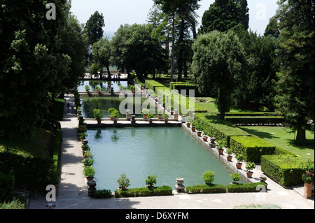 Villa d’Este. Tivoli. Italy. View of the magnificent landscaped and lush level gardens and fishponds at the Villa d Este in Tivo Stock Photo
