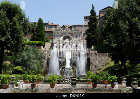 Villa d Este. Tivoli. Italy. View over the level gardens and fishponds of the spectacular and cascading fountain of Neptune with Stock Photo