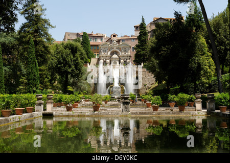 Villa d Este. Tivoli. Italy. View over the level gardens and fishponds of the spectacular and cascading fountain of Neptune with Stock Photo