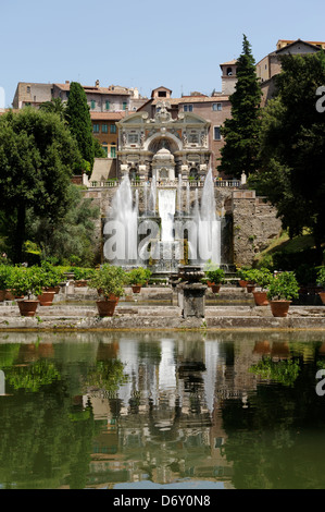Villa d Este. Tivoli. Italy. View over the level gardens and fishponds of the spectacular and cascading fountain of Neptune with Stock Photo