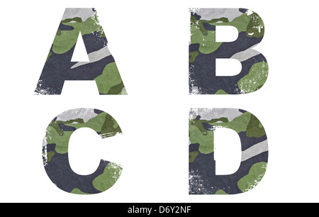 A-B-C-D alphabet from military fabric texture on white background. Stock Photo