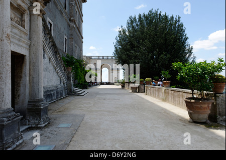 Villa D Este. Tivoli. Italy. View along the gardens first terrace or Vialone to the spectacular Gran Loggia which takes the form Stock Photo