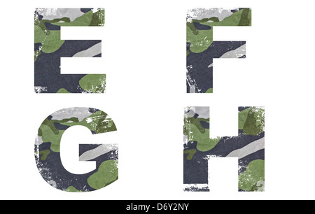 E-F-G-H alphabet from military fabric texture on white background. Stock Photo