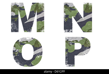 M-N-O-P alphabet from military fabric texture on white background. Stock Photo