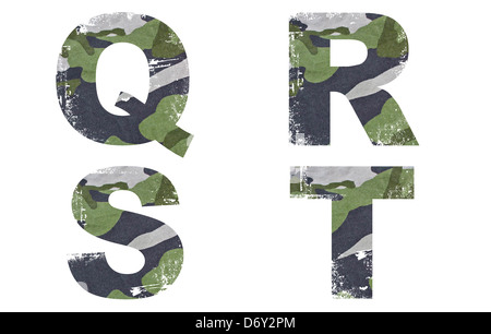 Q-R-S-T alphabet from military fabric texture on white background. Stock Photo