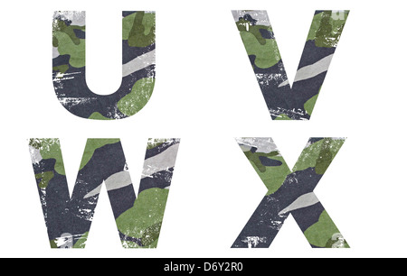 U-V-W-X alphabet from military fabric texture on white background. Stock Photo
