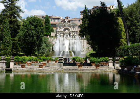 Villa d Este. Tivoli. Italy. View over the level gardens and fishponds of the spectacular and cascading fountain of Neptune with Stock Photo