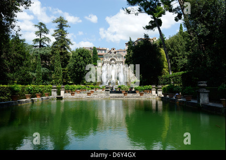 Villa d Este. Tivoli. Italy. View over the level gardens and fishponds of the spectacular and cascading fountain of Neptune with Stock Photo