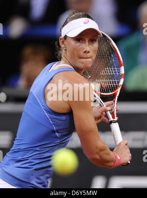 Stuttgart, Germany. 24th April, 2013. Australia's Samantha Stosur hits the ball during the first-round match of the WTA Tennis Grand Prix against Serbia's Jankovic at Porsche Arena in Stuttgart, Germany, 24 April 2013. Photo: DANIEL MAURER/dpa/Alamy Live News Stock Photo