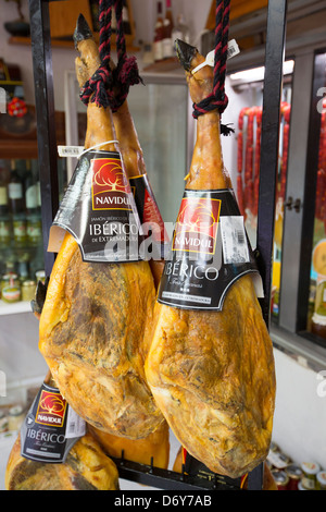 Jamon Iberico, famous Iberico ham on sale in food shop in Calle Major in town of Laguardia, Rioja-Alavesa, Basque country, Spain Stock Photo