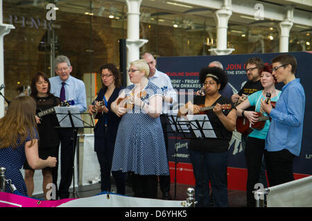 London, UK. 25th April, 2013. The Ukelele Group perform at the 'Our Big Gig' launch in St Pancras Station, London, UK. Credit: Elsie Kibue/Alamy Live News Stock Photo