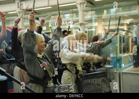 London, UK. 25th April, 2013. London 2012 Olympic Ceremonies Pandemonium Drummers at the 'Our Big Gig' launch in St Pancras Station, London, UK. Credit: Elsie Kibue/Alamy Live News Stock Photo