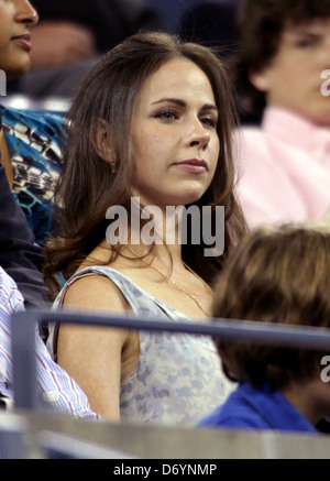 Barbara Pierce Bush watches Andy Roddick of the United States plays against Michael Russell of the United States during Day Stock Photo