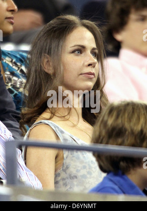 Barbara Pierce Bush watches Andy Roddick of the United States plays against Michael Russell of the United States during Day Stock Photo