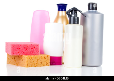 Sponge and cleaning items isolated on white