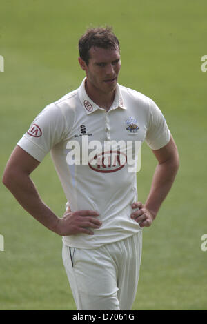 London, UK. 25th April 2013. Chris Tremlett of Surrey CCC during the LV Country Championship Division One game between Surrey and Sussex from the Kia Oval. Credit: Action Plus Sports Images/Alamy Live News Stock Photo