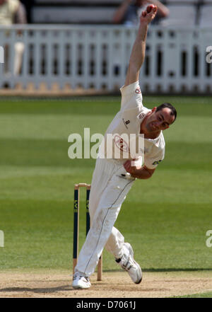 London, UK. 25th April 2013. Tim Linley of Surrey CCC during the LV Country Championship Division One game between Surrey and Sussex from the Kia Oval. Credit: Action Plus Sports Images/Alamy Live News Stock Photo