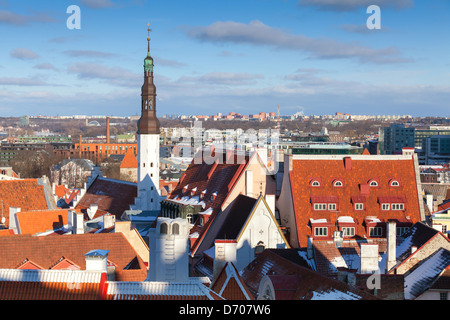 Cityscape panorama of Old Tallinn, Estonia. Houses with red roofs and Holy Spirit Church tower Stock Photo