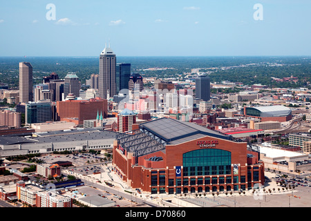 Aerial of Downtown Indianapolis, Indiana with Lucas Oil Stadium in the Foreground Stock Photo