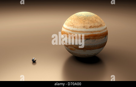 A rendered size-comparison sheet between the Planets Earth and Jupiter. Stock Photo