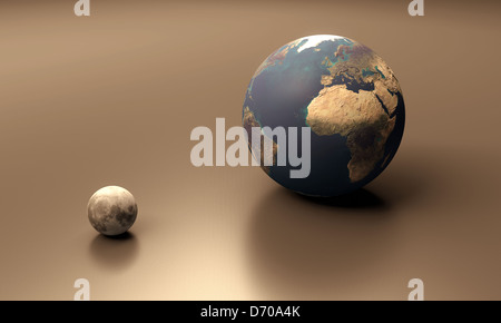A rendered size-comparison sheet between the Planet Earth and Moon. Stock Photo
