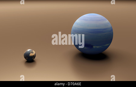 A rendered size-comparison sheet between the Planets Earth and Neptune. Stock Photo