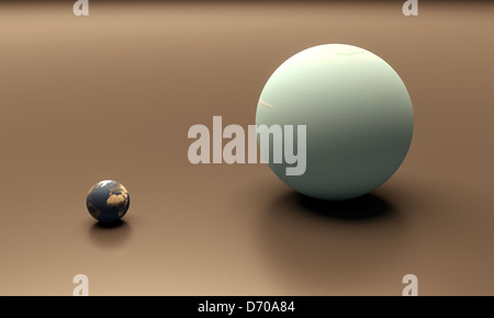 A rendered size-comparison sheet between the Planets Earth and Uranus. Stock Photo