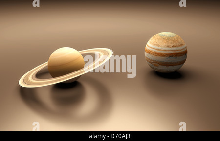 A rendered size-comparison sheet between the Planets Saturn and Jupiter. Stock Photo