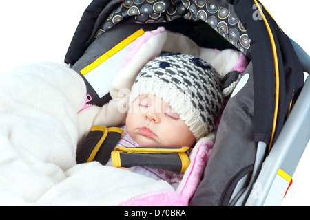 Cute newborn baby girl sleeping in car seat,winter clothing Stock Photo