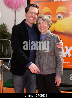 Ed Helms and his mother The premiere of 'The Lorax' held at the Universal Citywalk - Arrivals Los Angeles, California - Stock Photo