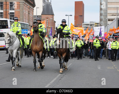 Atmosphere Anti-government cut protesters gather in the city centre of Leeds to protest outside The Queens Hotel during The Conservative Local Government Conference Leeds, England - 25.02.12 Stock Photo