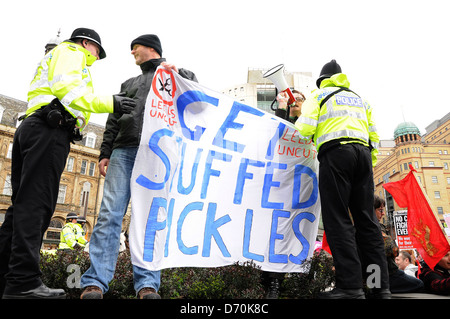 Atmosphere Anti-government cut protesters gather in the city centre of Leeds to protest outside The Queens Hotel during The Conservative Local Government Conference Leeds, England - 25.02.12 Stock Photo