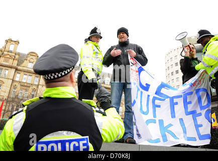 Atmosphere Anti-government cut protesters gather in the city centre of Leeds to protest outside The Queens Hotel during The Conservative Local Government Conference Leeds, England - 25.02.12 Stock Photo
