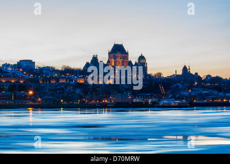 Chateau Frontenac in Quebec, Canada by Night. View from Levis in winter night Stock Photo