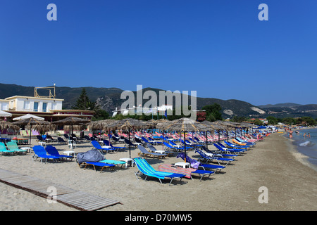 View of the sweeping beach at Alikes village, Zakynthos Island, Zante, Greece, Europe. Stock Photo