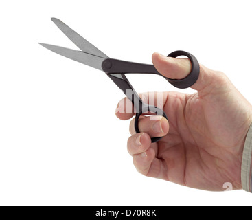 Scissors in hand isolated on white background Stock Photo