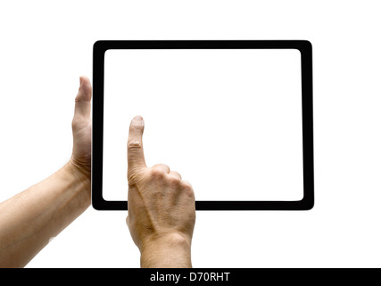 Hands with tablet computer. Isolated on white background. Stock Photo